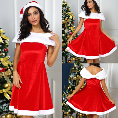 

Gobestart Fashion Women Christmas Hat Festival Cute Off-Shoulder Dress Ball Gown Dress