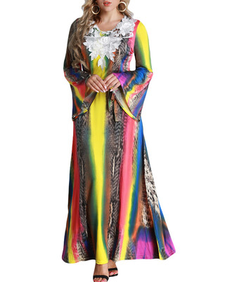 

Women Plus Size Maxi Long Dress Contrast Color Flare Long Sleeves Belt Lace Colorful Elegant A-Line Dresses