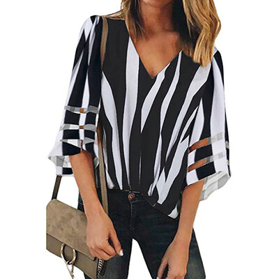 

Starmoon Womens Lady Stripe Splice V Neck Lace Patchwork Blouse Casual Loose Shirt Tops