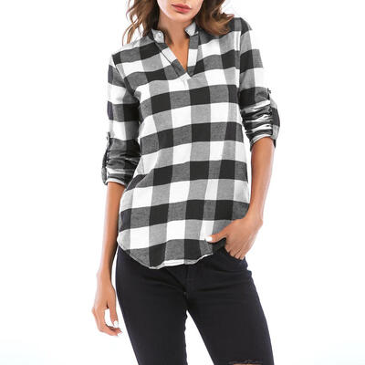 

Women V-Neck Plaid Blouse Long Sleeve Fashion Single Breasted Top Plus Size