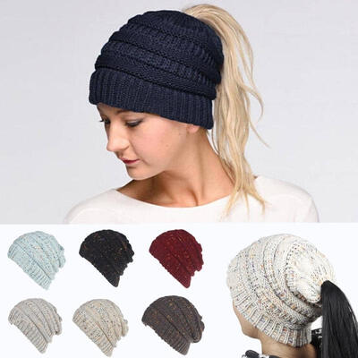 

Women&39s Girl Stretch Knit Hat Messy Bun Ponytail Beanie Holey Warm Hats Winter