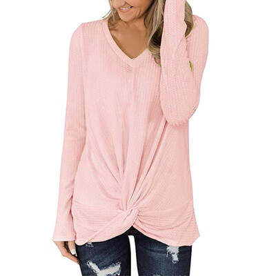 

Fashion Women Sweatshirt Loose T-shirt Waffle V Neck Long Sleeves Twisted Front Solid Spring Autumn Casual Tees Casual Tops