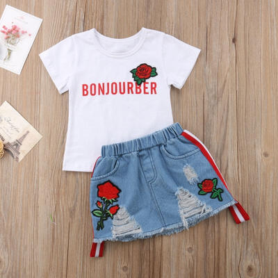 

Toddler Infant Baby Girls Floral T-shirt TopsDenim Dress Summer Outfit