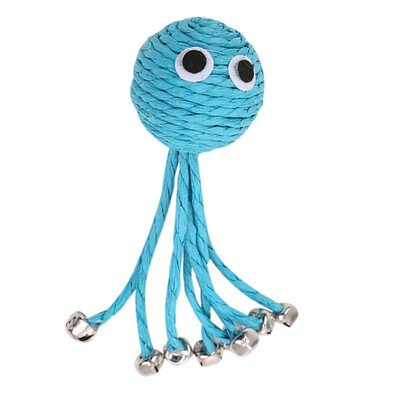 

Pet Funny Playing Toy Blue Baby Octopus Woven By Paper Rope Scratch-resistant Pet Playing Toy With Bell For Cats