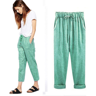 

Tailored Plus Size Casual Women Cotton Linen Pants Elastic Waist Summer Slim Lady Pants