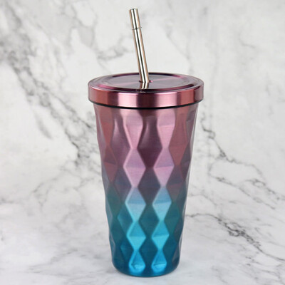 

Gobestart Diamond Gradient Stainless Steel Cups With Straws 500ml Drinking Tumblers Eco-Fr