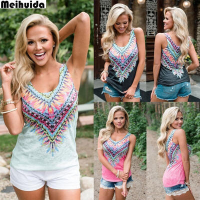 

Women Printed Floral V-neck Top Sleeveless Shirt Casual Blouse Loose T-shirt