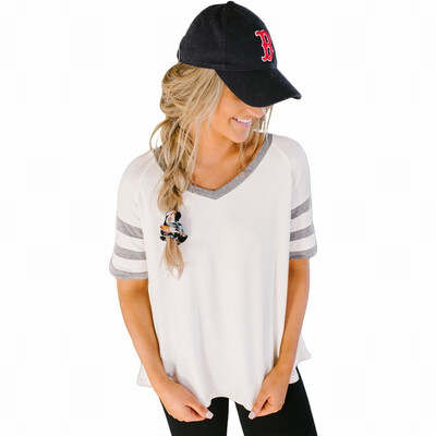 

Sweatshirt Campus Baseball womens T-Shirt V-neck Short Sleeve Striped Top