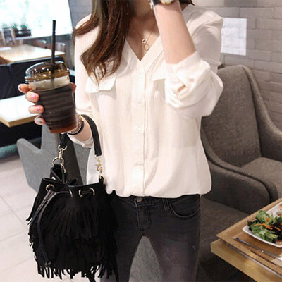 

Women Temperament Solid Color V-neck Chiffon Loose Vintage Long Sleeve Casual Tops
