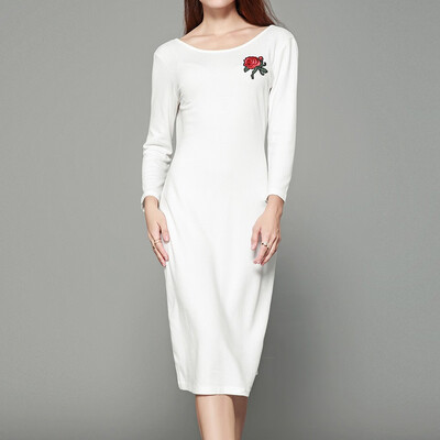 

Tailored Fashion Women Leisure Applique Long Sleeve Solid Color O-Neck Dress