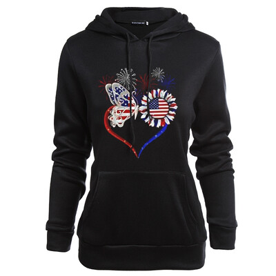 

2019 New Autumn And Winter Women Fashion Hoodie Sunflower Butterfly American Flag Print Hooded Sweatshirt Casual Tops