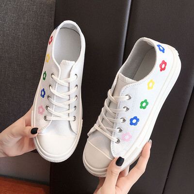

Canvas Shoes Female Summer Korean Flowers Student Flat-soled Small White Shoes Lace Ladies Board Shoes