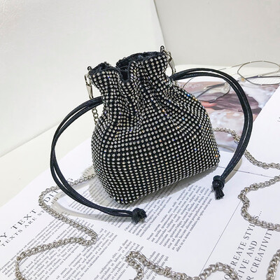 

Tailored Fashion Women Diamonds Handle Bag Bucket Leather Bag Diamonds Chain Shoulder Bag