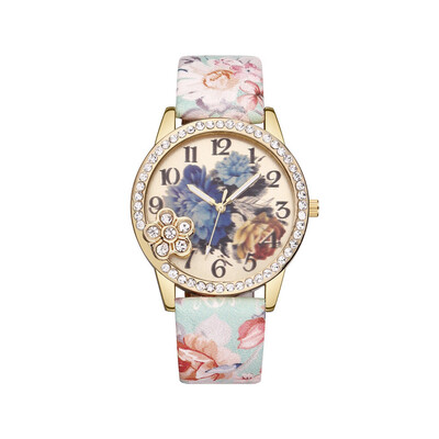 

Vintage Fresh Floral Pattern With Rhinestone Womens Watches Bayan Kol Saaty Fashion Simple And Cool Relojes Para Mujer