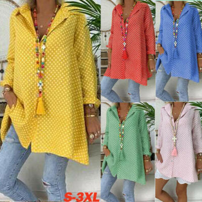 

Summer Lady Womens Casual Tops Blouse Long Sleeve V Neck Polka Dot Boho T-Shirt