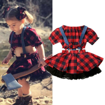 

US Xmas Kids Baby Girl Clothes Plaids Vest Tops Lace Dress Party Outfits Set