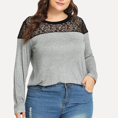 

Starmoon Women Casual O-Neck Lace Long Sleeve Plus Size Tops Loose T-Shirt Blouse