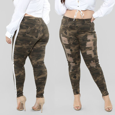 

〖Follure〗Fashion Women Plus Size Hole Camouflage Printing Denim Stripe Splice Jeans Pants