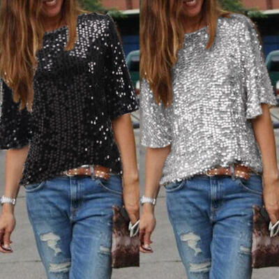 

US STOCK Women Sequins Summer Short Sleeve Party Casual Tops T-Shirt Blouse Sexy