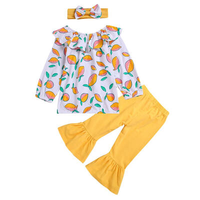 

3pcs Kids Girl Fruit Print Ruffle Boat Neck T-shirt Pants Headband Baby Set