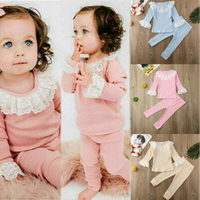 

2Pcs Kid Baby Girl Clothes Lace Ruffle Tops T-shirt Pants Leggings Cotton Outfit
