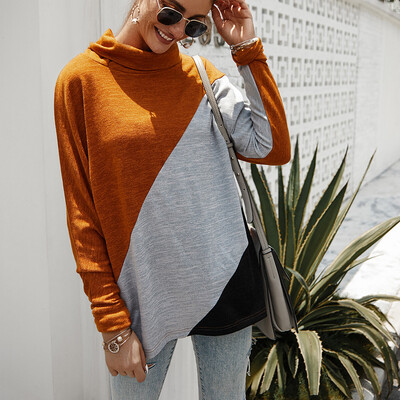 

Tailored Women Casual Turtleneck Patchwork Long Sleeve Pullover Top T-Shirt Blouse