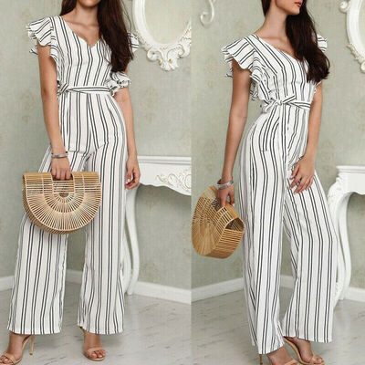 

Women Sleeveless Stripe Playsuit Ladies Summer Romper Long Jumpsuit Trousers