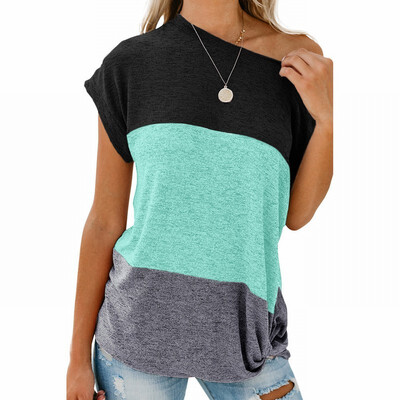 

Womens color block stitching collar short sleeve loose regular top