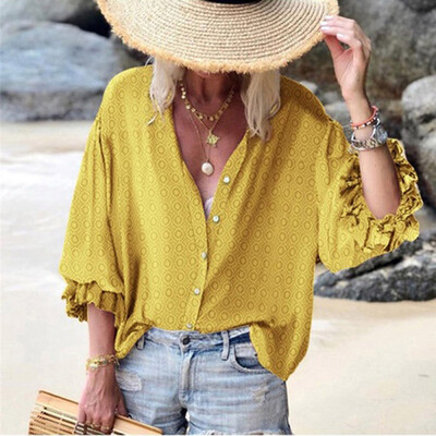 

Tailored Womens Fashion Style Lantern Sleeve Solid Color Printed Loose Buttoned Blouses
