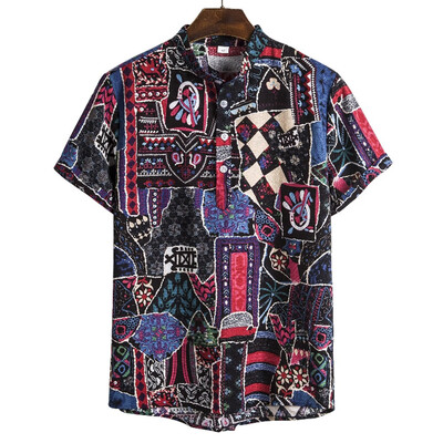 

Toponeto Mens Vintage Ethnic Style Printing Loose Short Sleeve Stand Collar Casual Shirt