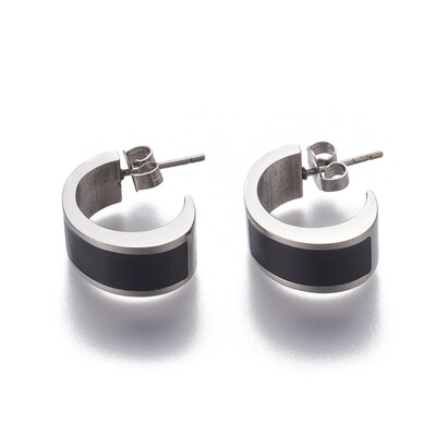 

304 Stainless Steel Stud Earrings with Enamel&Ear Nuts Stainless Steel Color Black 17x75x125mm Pin 09mm