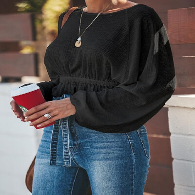 

Solid Peplum Stretch Waist Puff Long Sleeves Tee
