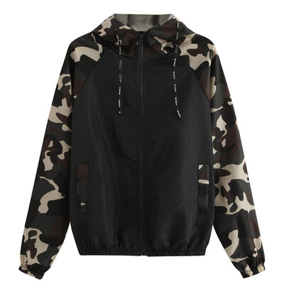 

Toponeto Women Long Sleeve Patchwork Hooded Zipper Pockets Casual Sport Coat
