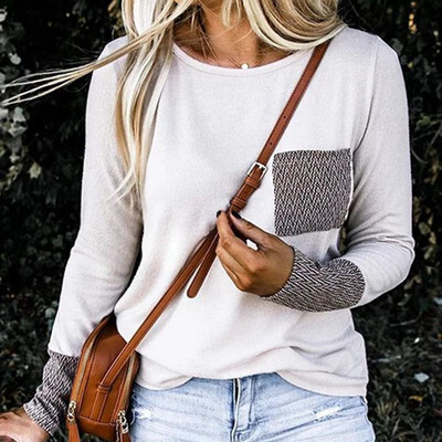

Autumn Winter Women Pure Color Slim Warm Shirt Tops Plus Size Ladies Round Neck Long Sleeve Patchwork Pullovers
