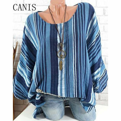 

Plus Size Women Tops Long Sleeve Blouse Cotton Linen Striped Baggy Loose T-Shirt