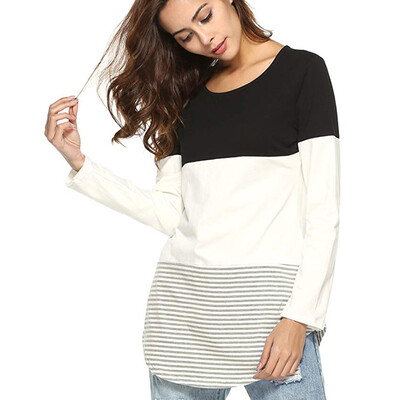 

Nomeni Women Daily Casual Long Sleeve Striped Patchwork Stretchy Tops Blouse T-Shirt