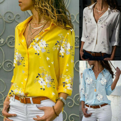 

Womens V-neck Tops Loose Long Sleeve T-Shirt Casual Blouse Floral Button Shirts