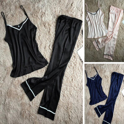 

2PCS Women Lady Silk Satin Pajamas Set Pyjama Sleepwear Loungewear Homewear