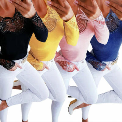 

Womens Sexy Lace Sequins Blouse V Neck T-Shirt Long Sleeve Slim Fit Tops US