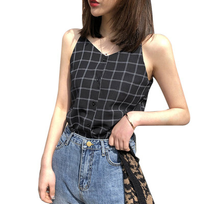 

Women Summer V Neck Plaid Tops Women Sleeveless Button Beach Casual Tank Tops Vest Female Sexy Strap Chiffon Tops