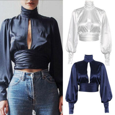 

USA Women Fashion Long Sleeve Office Lady Satin Blouse Shirt T-Shirt Ladies Top