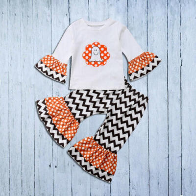 

US Baby Girls Halloween Outfit Ghost T ShirtFlare Wave Pants Fall Kids Clothes
