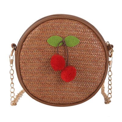 

Straw Woven Cherry Round Shoulder Handbags Women Chain Small Crossbody Bags
