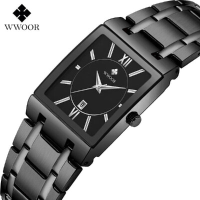 

WWOOR Men Fashion Rectangular Dial Analog Quartz Watch Business Waterproof Calendar Stainless Steel Band Wrist Watch