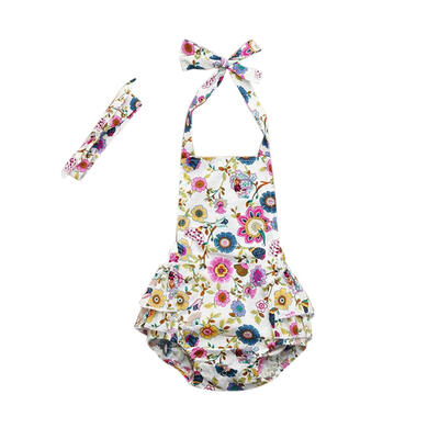 

2pcsset Infant Girl Summer Floral Sling Romper Headband Kid Outfit Clothes