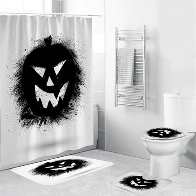 

〖Follure〗Halloween festival 4PCS Non Slip Toilet Polyester Cover Mat Set Bathroom Curtain