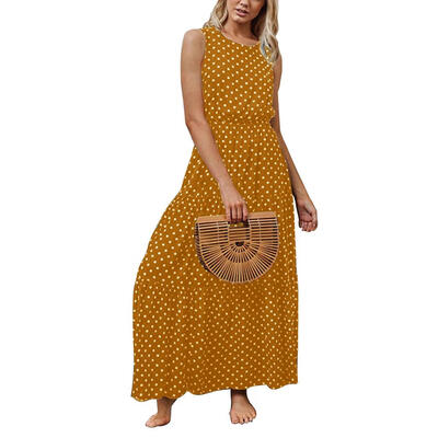 

Sexy Dot Print Dress Women O-neck Sleeveless Tunic High Waist Elegant Maxi