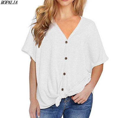 

Summer Batwing Short-sleeved Knit T-Shirts V-neck Hem Twisted Button Top Novel Womens Clothing
