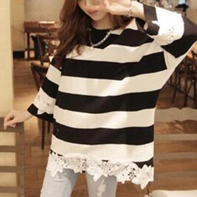 

Spring Women Pullover Tops Lace Stripe Base Shirt Loose O-neck Long Blouses