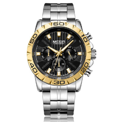 

MEGIR 2087 Men Watch Quartz Sport Simple Wristwatch Stainless Steel Strap 3ATM Waterproof Calendar Chronograph Luminous Hands Fash